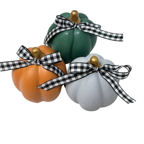 Mini Ceramic Pumpkins Set of 3 Orange Green Gray Hand Tied Bow Fall Decor Autumn - Picture 1 of 8